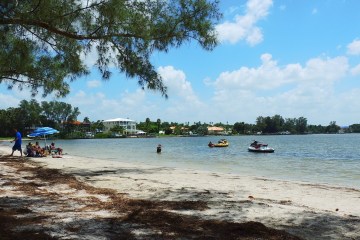A group of people wading in the blue water of Palma Sola Bay in Bradenton Florida
